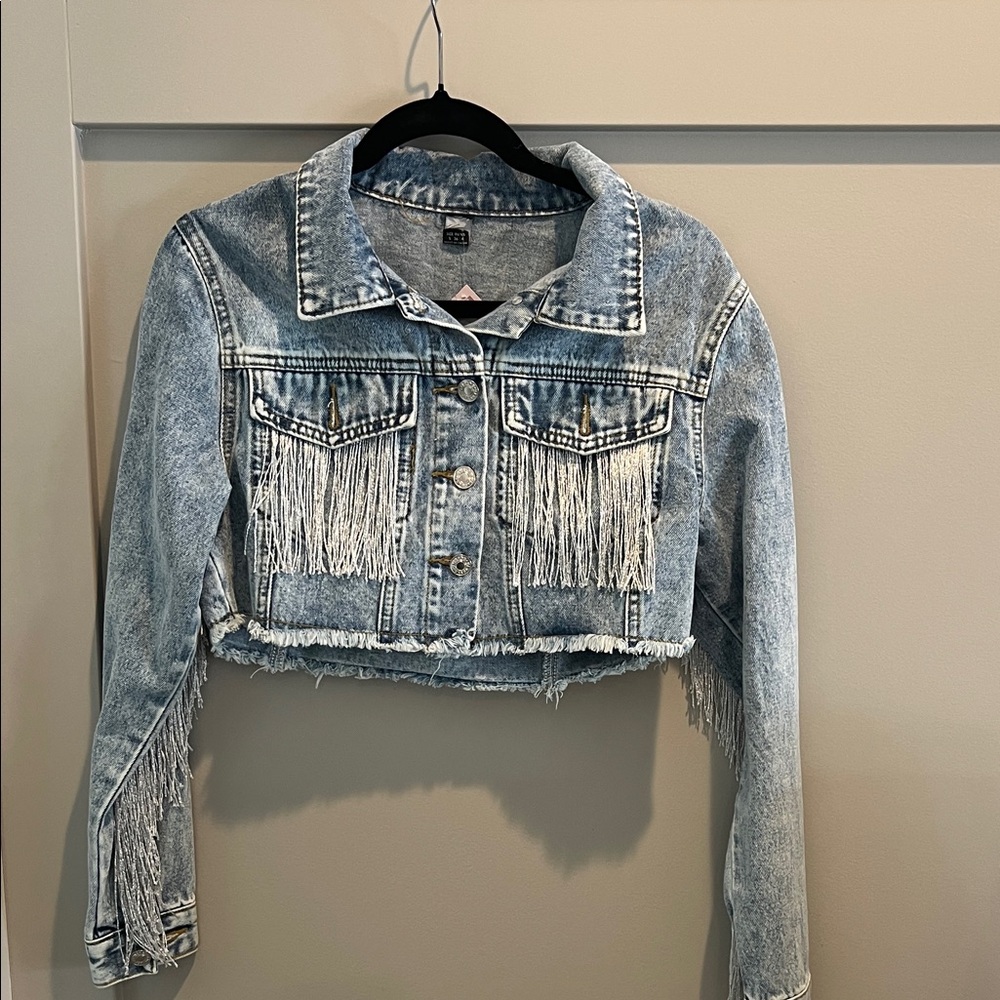 Fringe-Trimmed Light Blue Denim Jacket